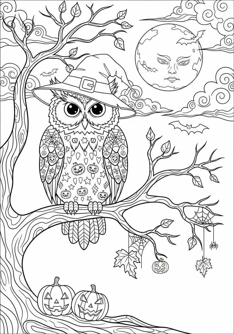 Desenho Halloween de coruja em galho com abóboras