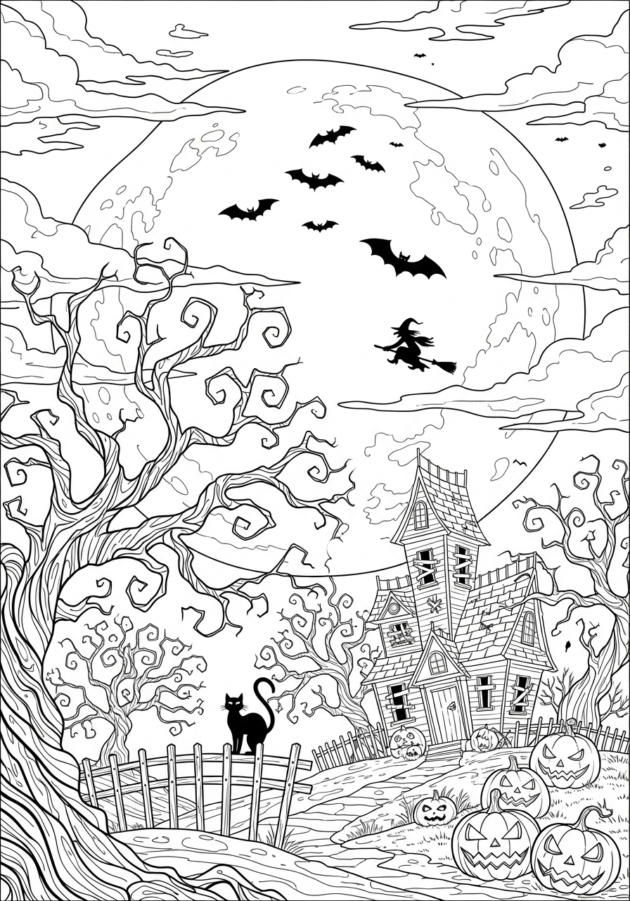 Desenho Halloween com bruxa gato e abóboras para colorir