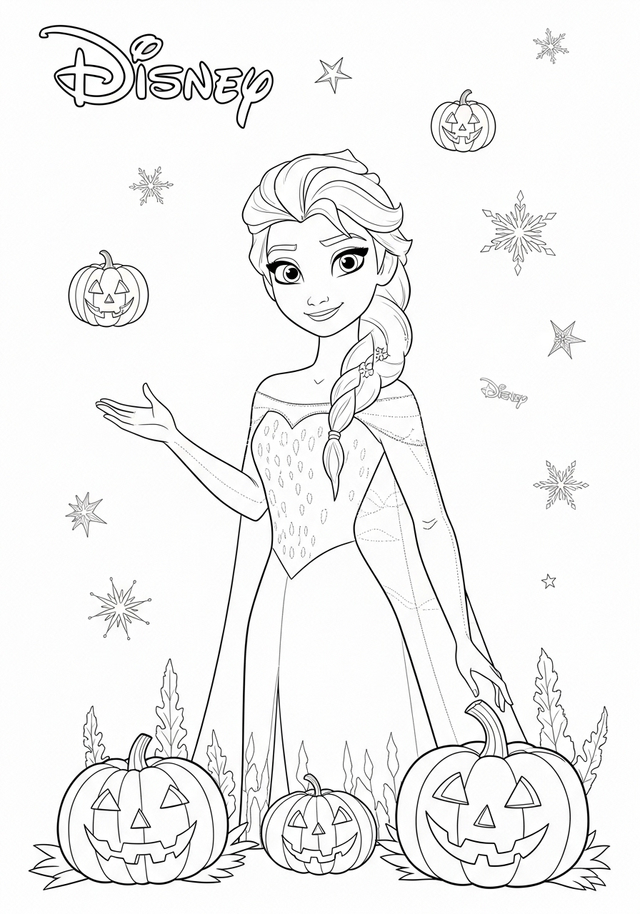 Desenho Halloween da Elsa com abóboras para imprimir