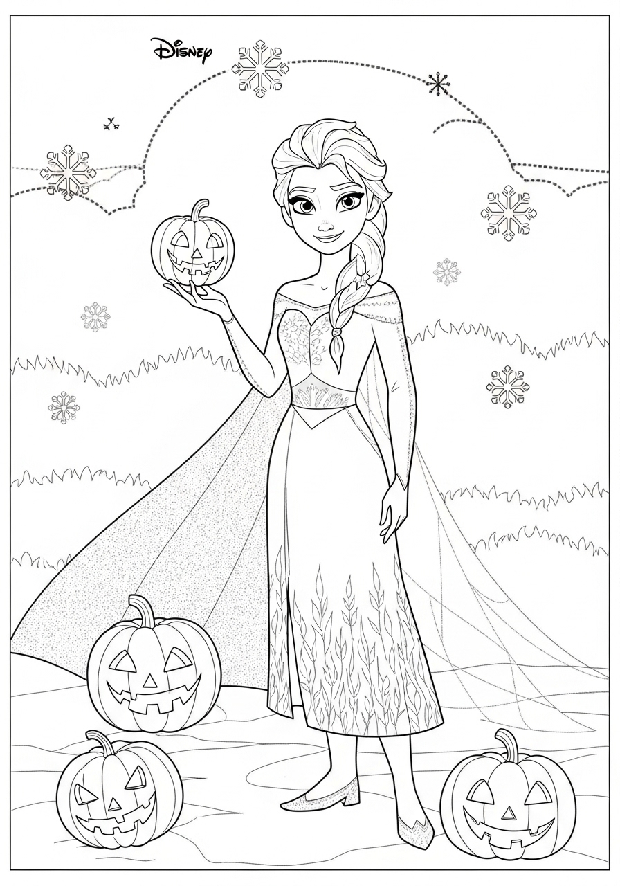 Desenho Halloween da Elsa segurando abóbora para colorir