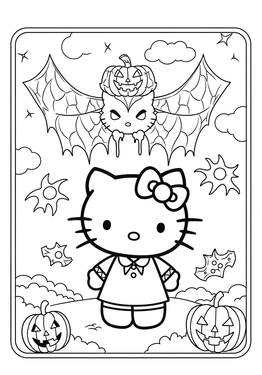 Desenho Halloween da Hello Kitty com abóboras e morcegos