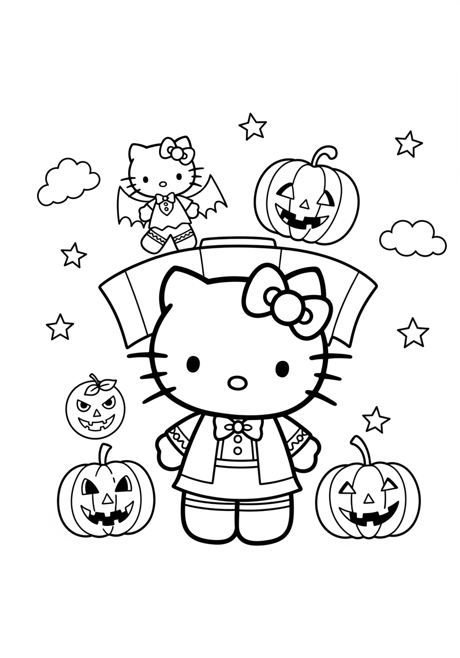Desenho Halloween da Hello Kitty com abóboras e estrelas