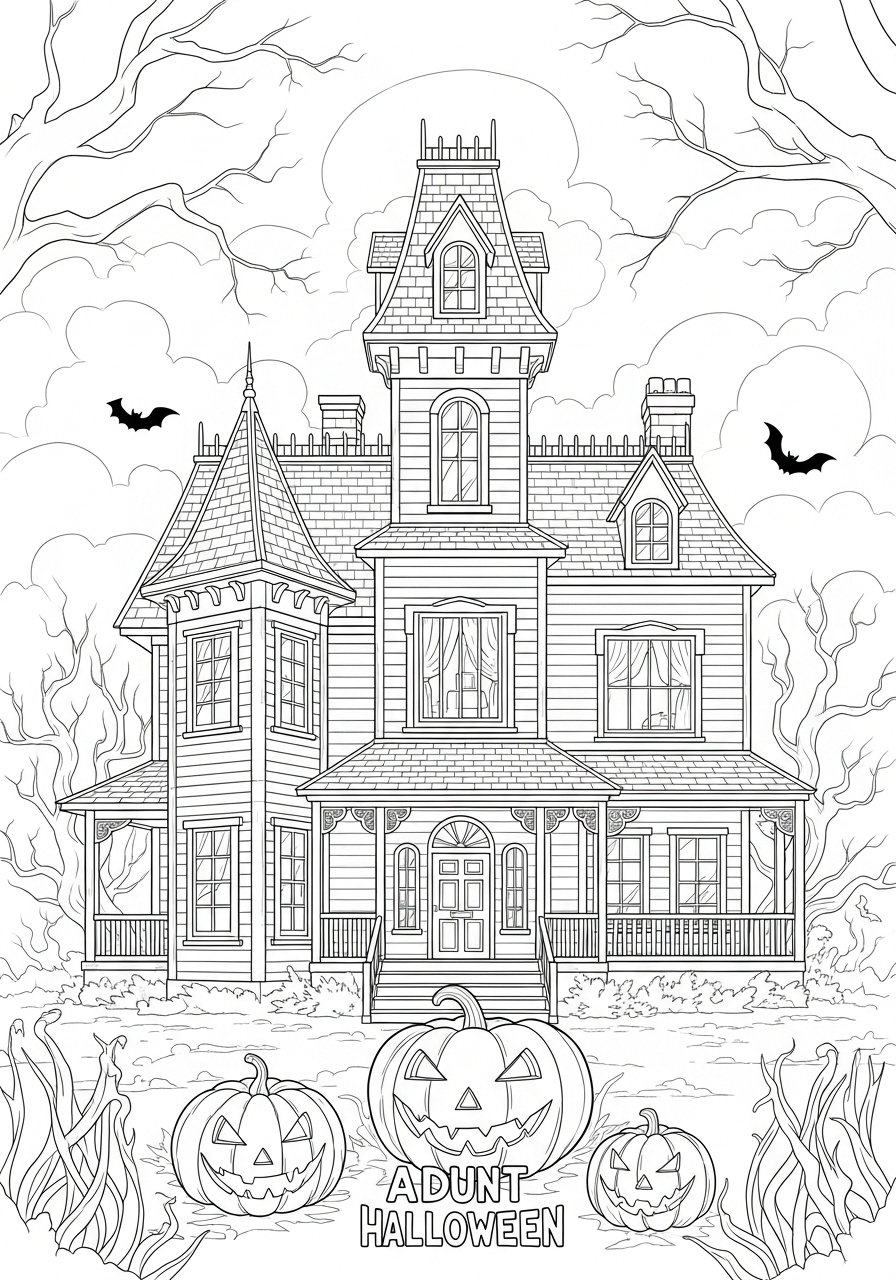 Desenho Halloween de casa assombrada para imprimir e colorir