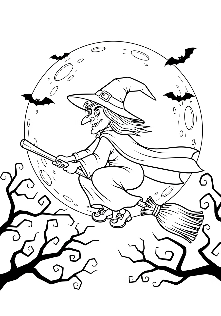 Desenho de bruxa voando em vassoura com morcegos e lua