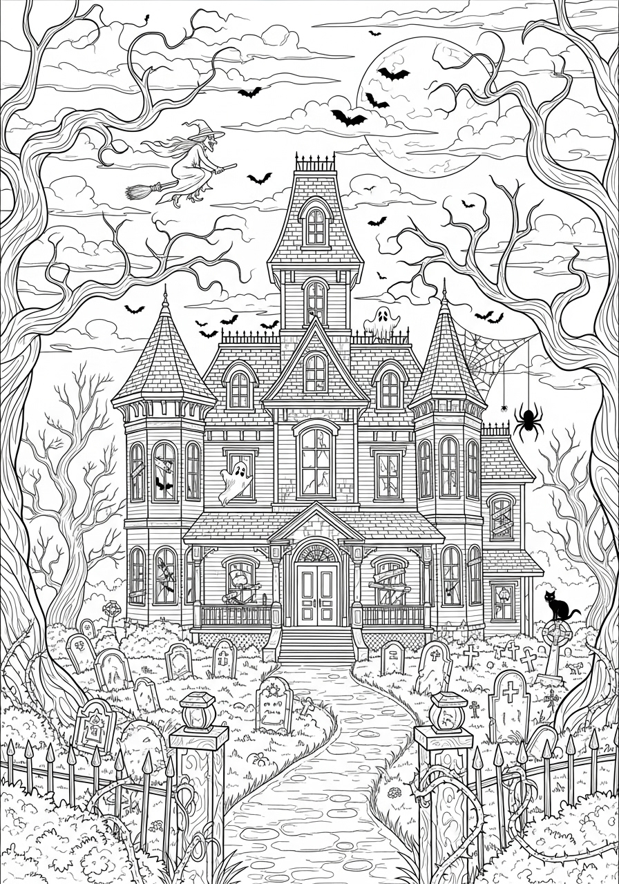 Desenho Halloween de casa assombrada para imprimir e colorir