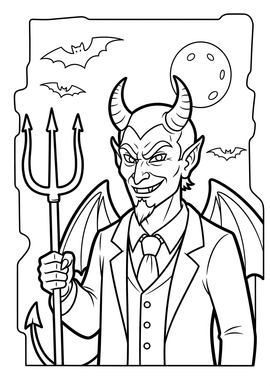 Desenho Halloween do diabo com chifres e tridente