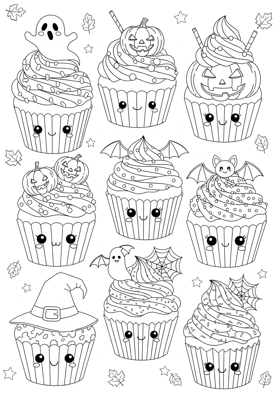 Desenho Halloween de cupcakes fofos para imprimir e colorir