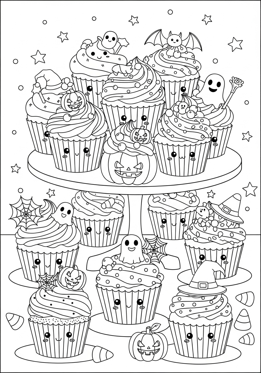 Desenho Halloween de cupcakes para imprimir e colorir
