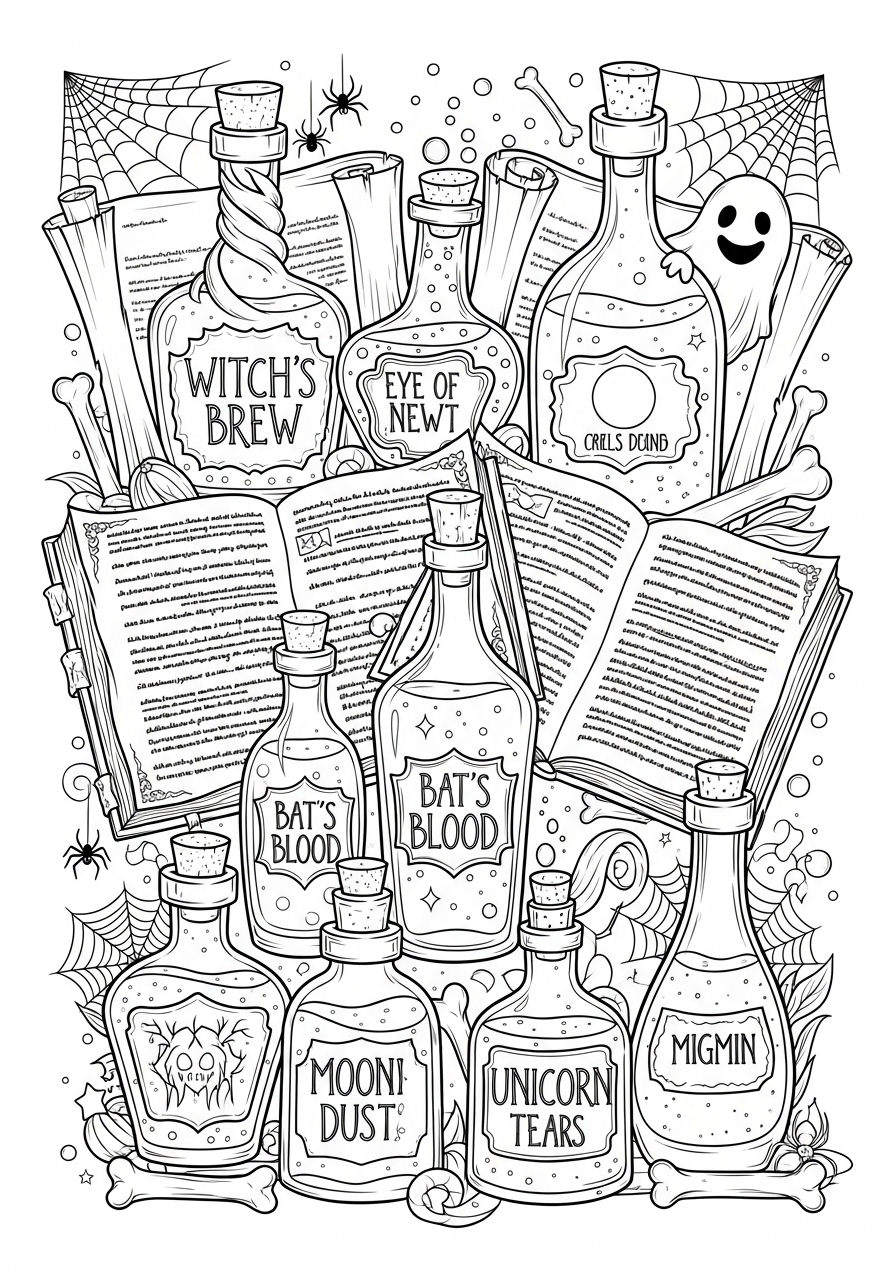 Desenho Halloween de poções e livros para imprimir e colorir