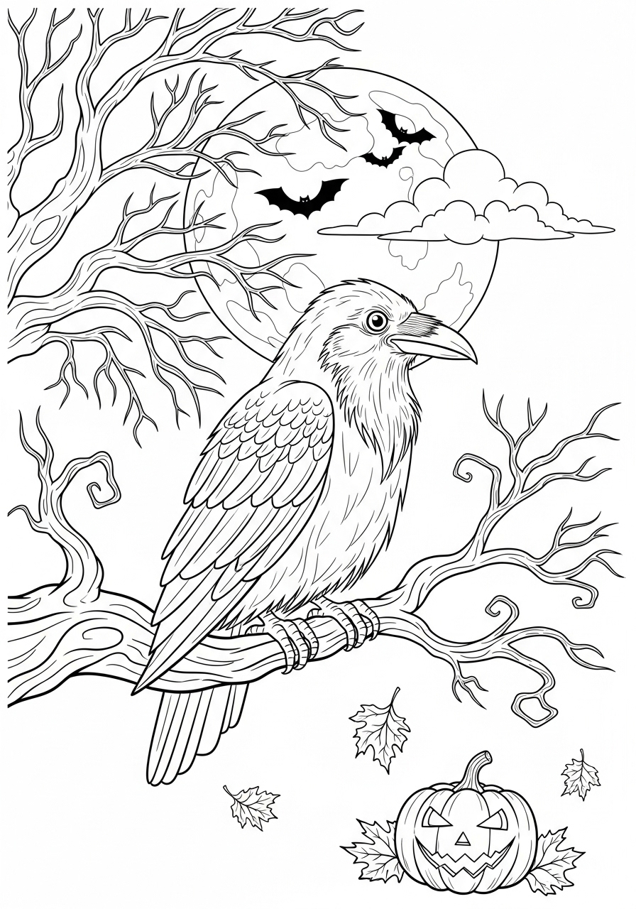 Desenho Halloween de um corvo em uma árvore para colorir