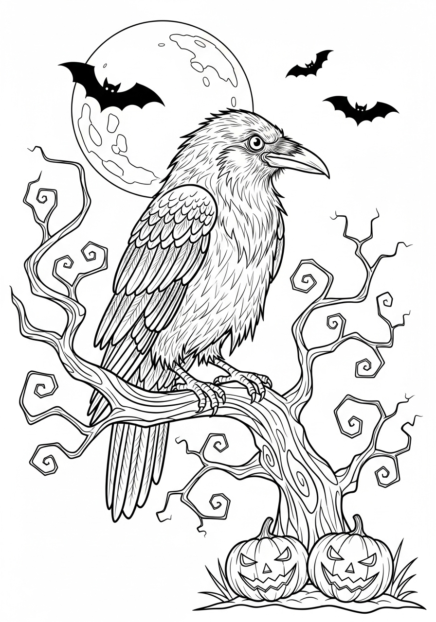 Desenho Halloween de corvo em uma árvore com abóbora