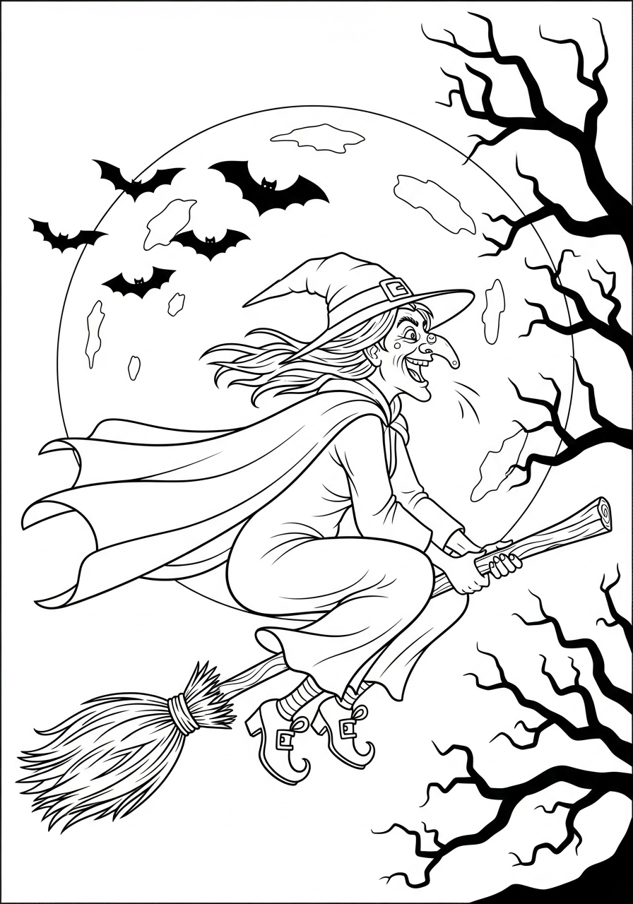 Desenho Halloween de bruxa voando na vassoura para colorir
