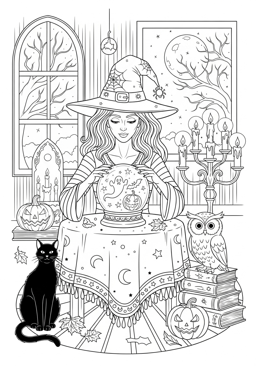 Desenho Halloween de bruxa com bola de cristal para colorir