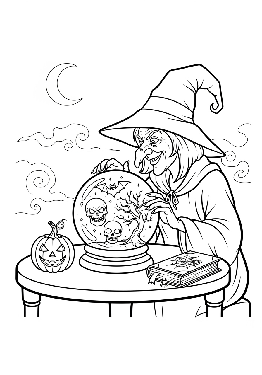 Desenho Halloween de bruxa com bola de cristal para colorir