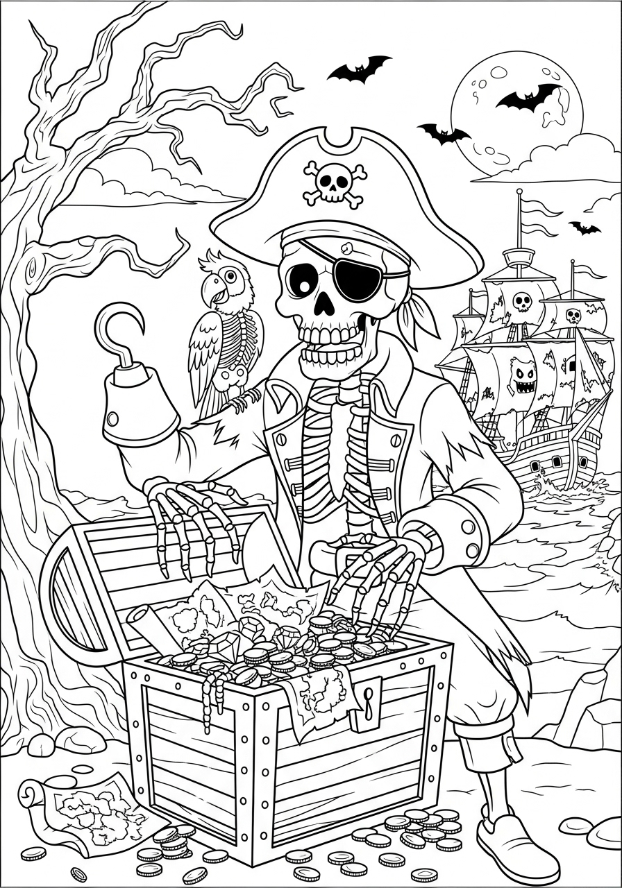 Desenho Halloween de pirata esquelético para colorir