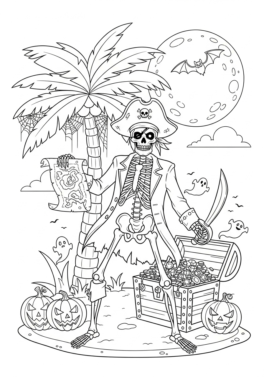Desenho Halloween de pirata esqueleto para colorir e imprimir