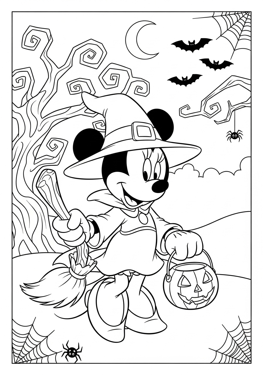Desenho Halloween da Minnie Mouse com chapéu e vassoura