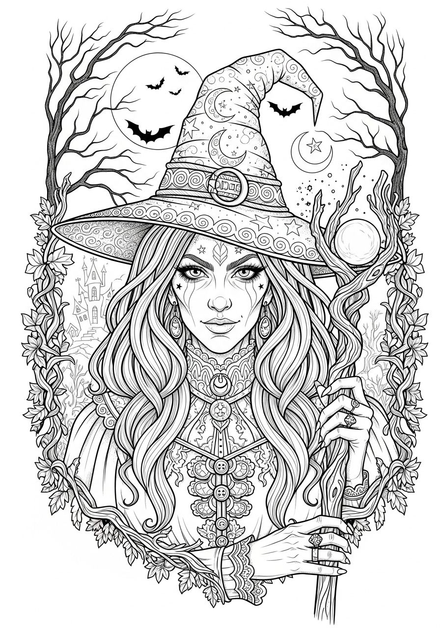 Desenho Halloween de bruxa com chapéu para imprimir e colorir