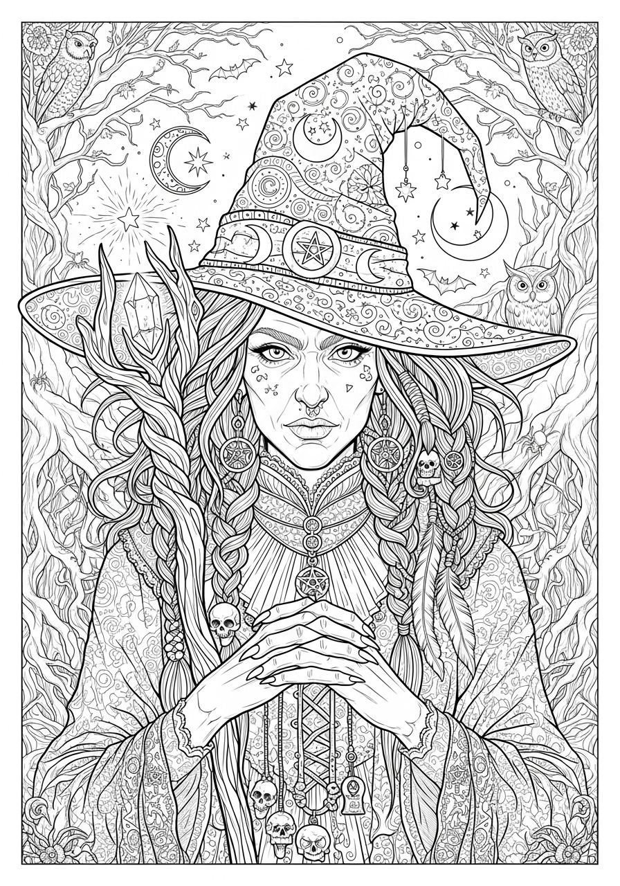 Desenho Halloween de bruxa com chapéu e detalhes para colorir