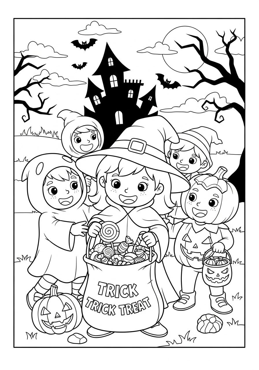Desenho Halloween crianças com doces para imprimir e colorir