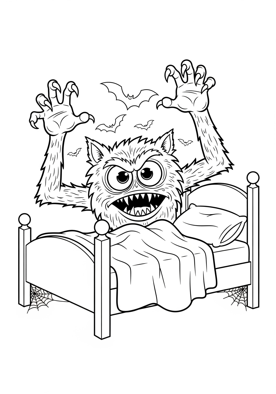 Desenho Halloween de monstro saindo da cama para colorir
