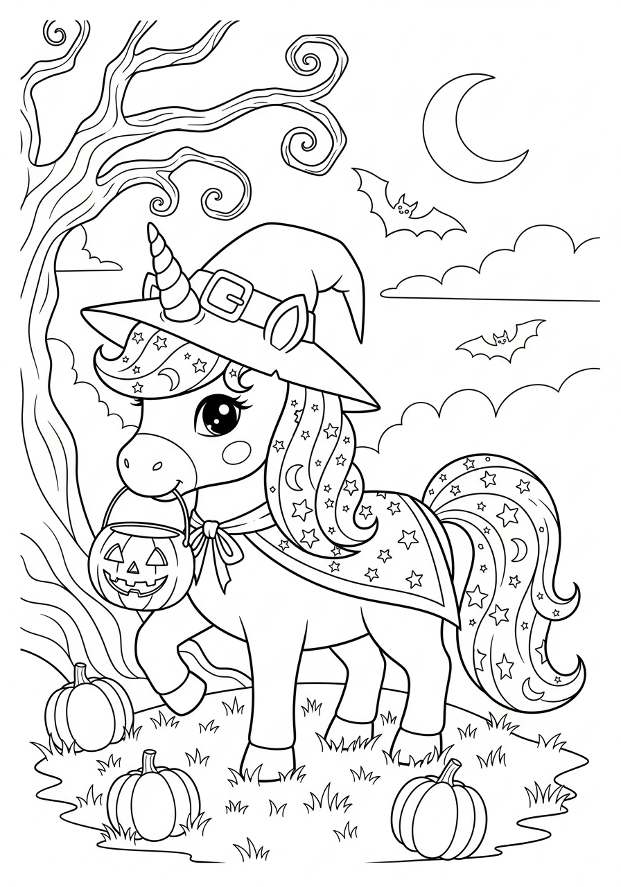 Desenho Halloween de um unicórnio fantasiado para colorir