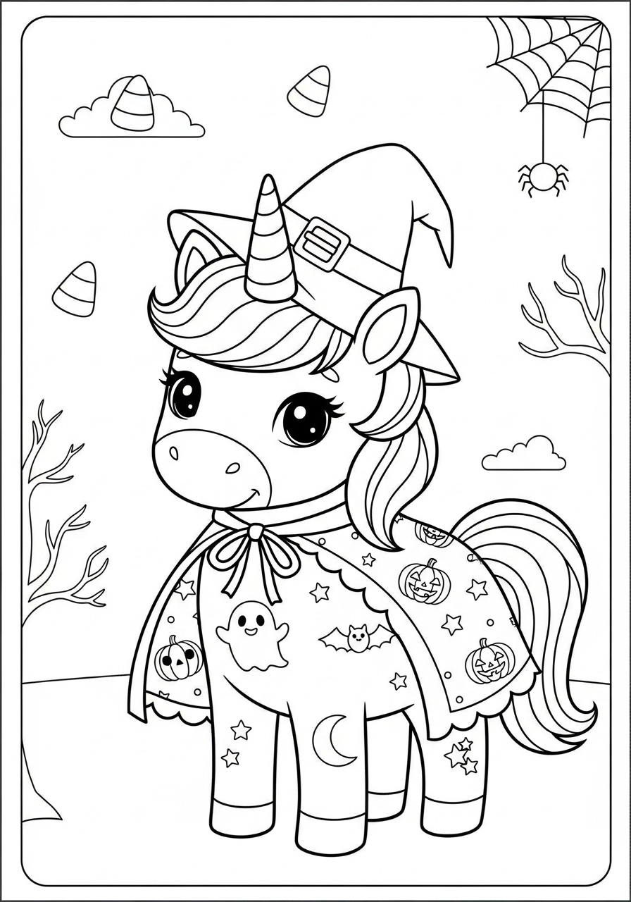 Desenho Halloween de unicórnio fofinho para colorir