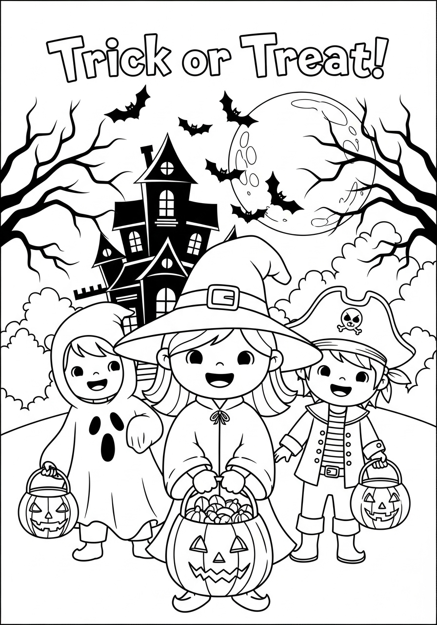 Desenho Halloween com crianças fantasiadas para colorir