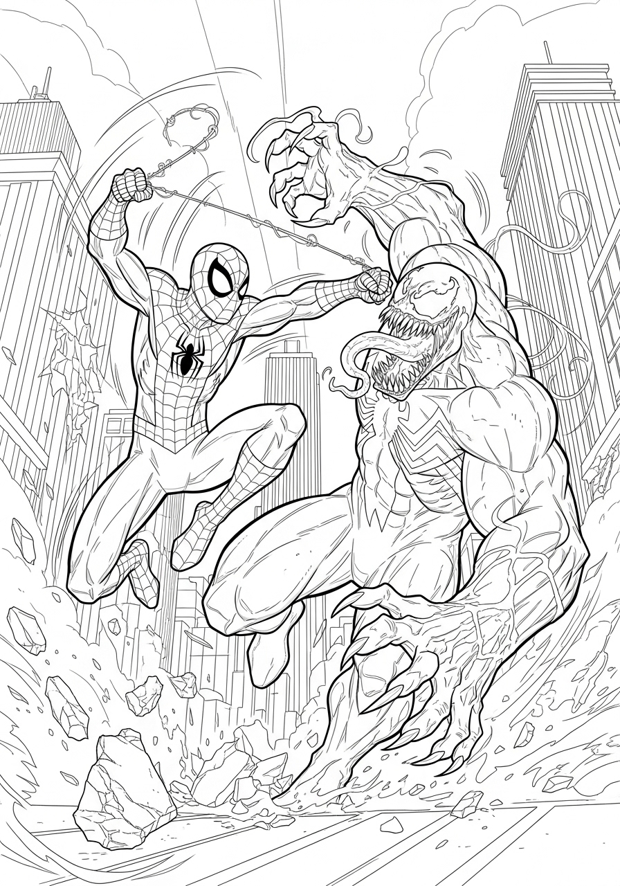 Desenho do Homem Aranha lutando contra o Venom para colorir