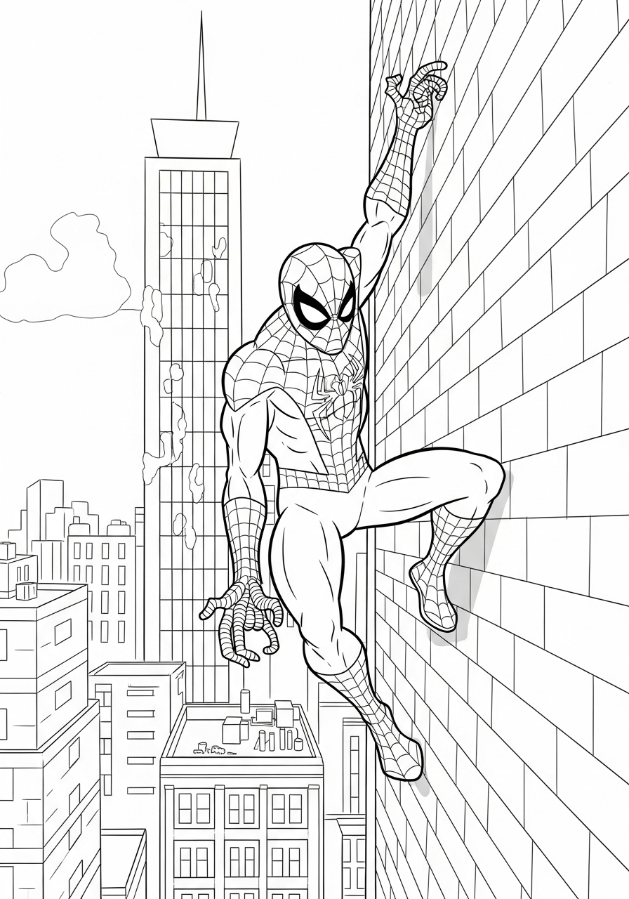 Desenho do Homem Aranha escalando um prédio para colorir