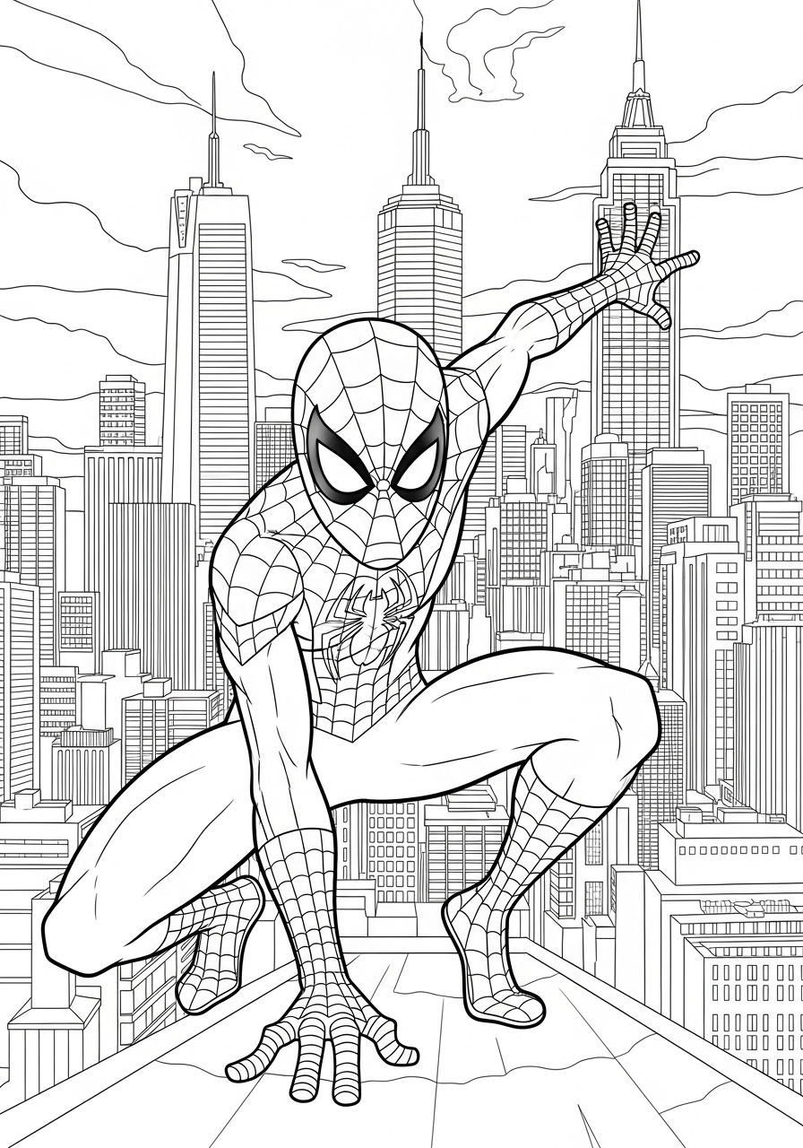 Desenho do Homem Aranha na cidade para imprimir e colorir
