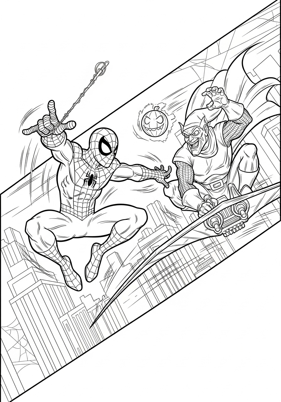 Desenho do Homem Aranha lutando contra o Duende Verde para colorir