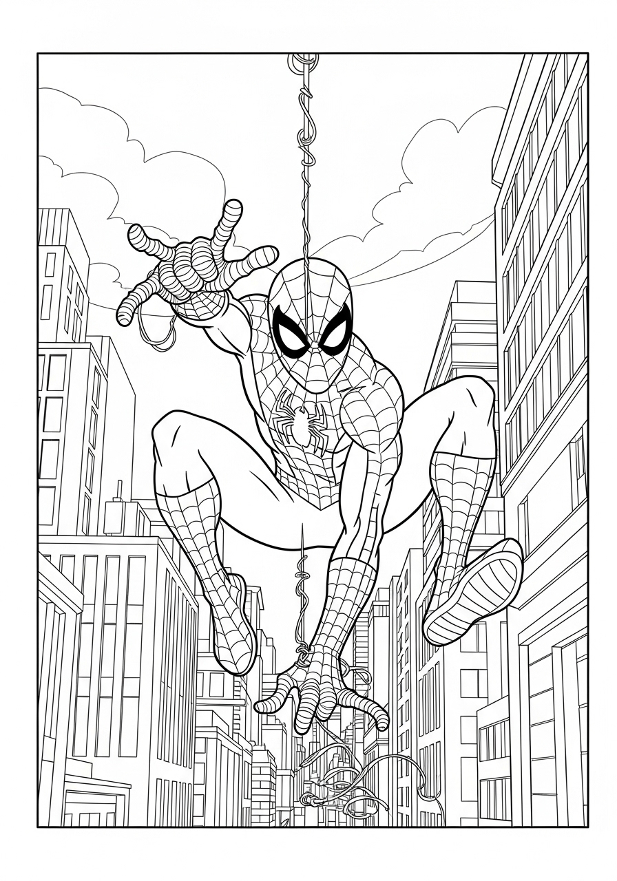 Desenho do Homem Aranha balançando entre prédios para colorir