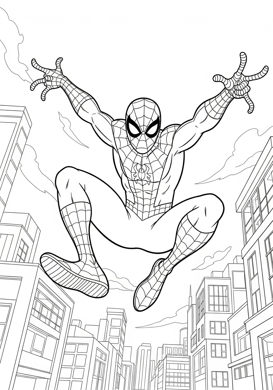 Desenho do Homem Aranha pulando sobre a cidade para colorir