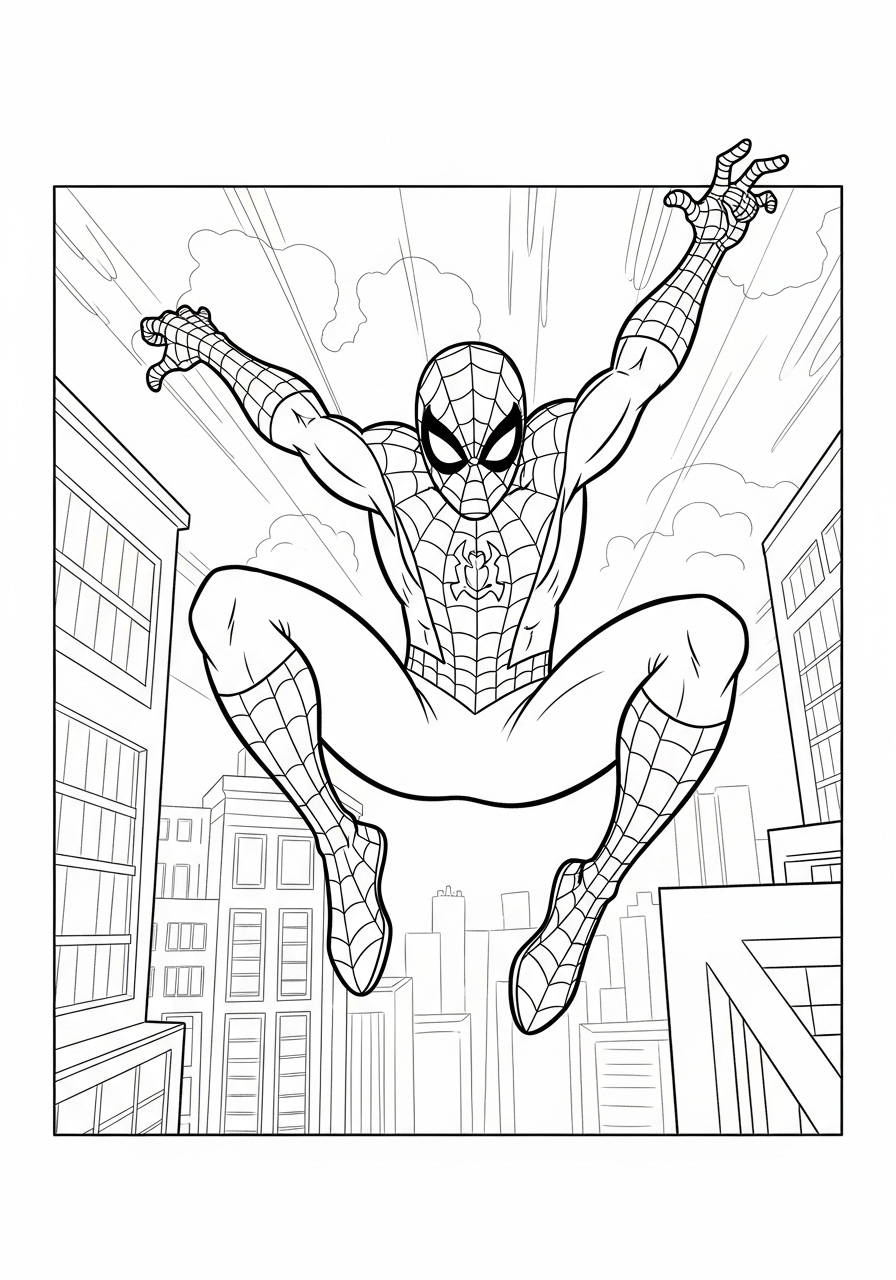 Desenho do Homem Aranha saltando entre edifícios para colorir