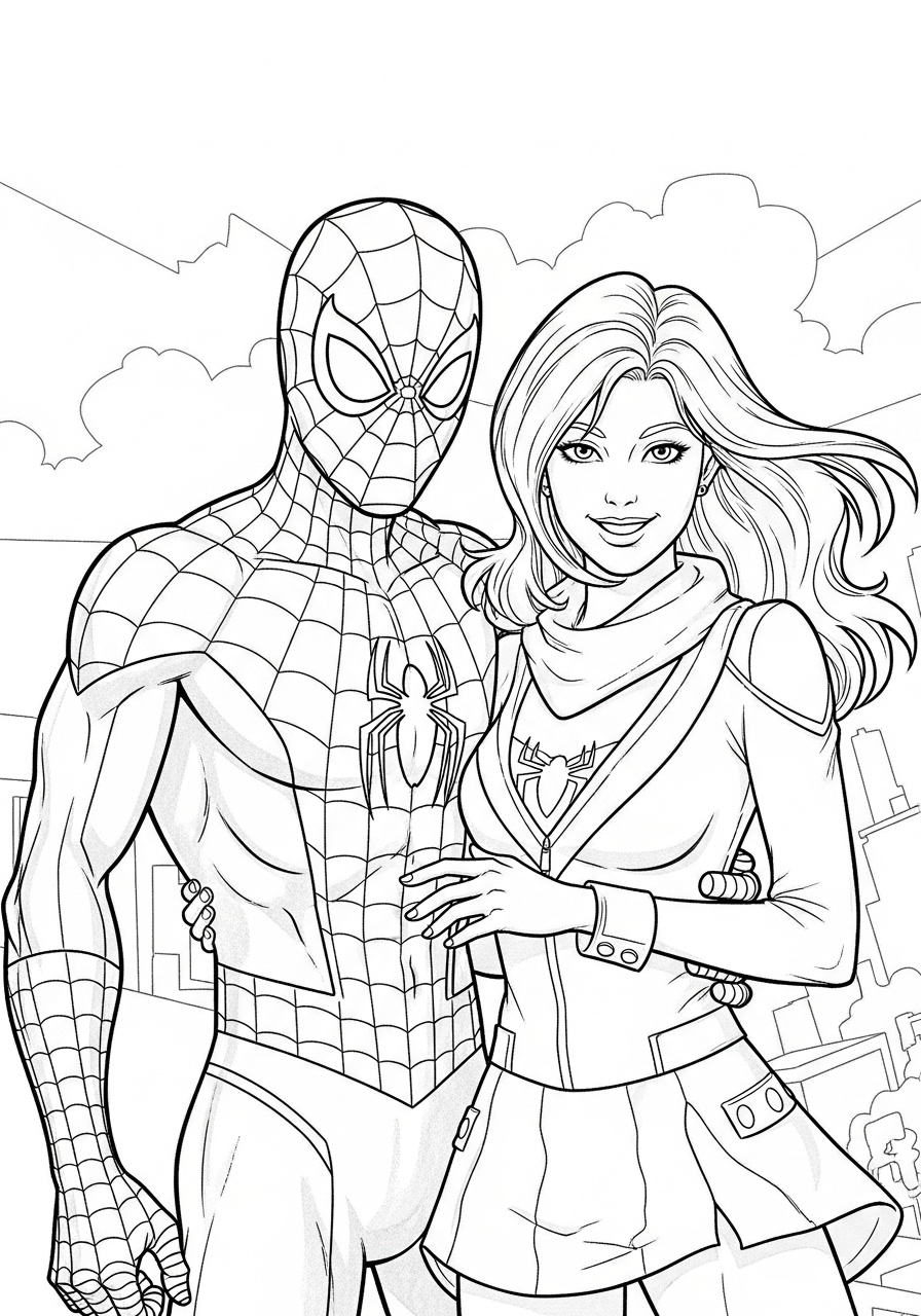 Desenho do Homem Aranha com personagem feminina para colorir
