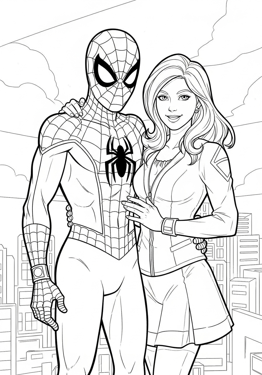 Desenho do Homem Aranha e uma mulher em cidade para colorir