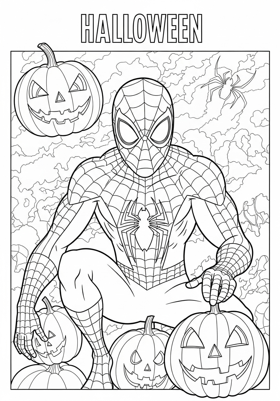 Desenho do Homem Aranha com abóboras para imprimir e colorir