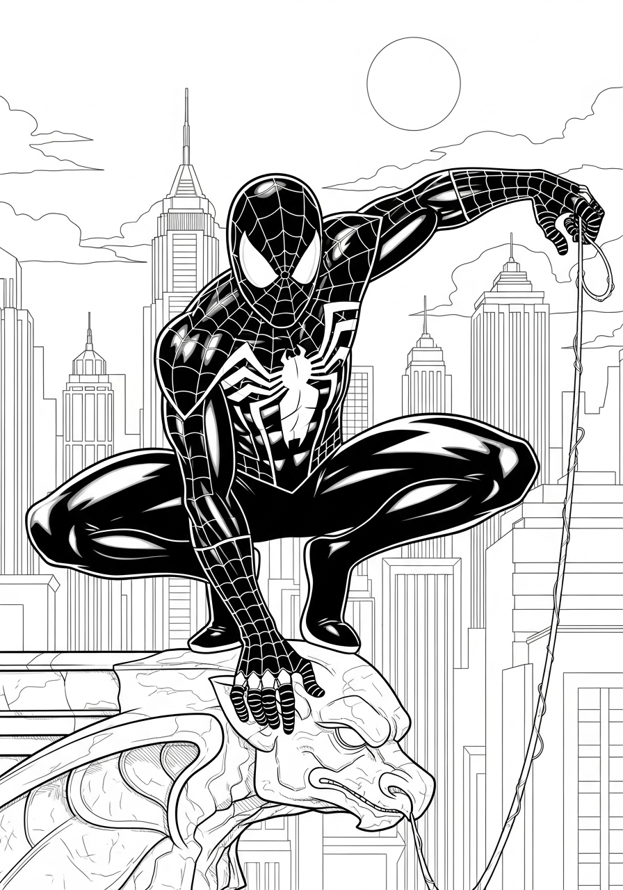Desenho do Homem Aranha na cidade com fantasia negra para colorir
