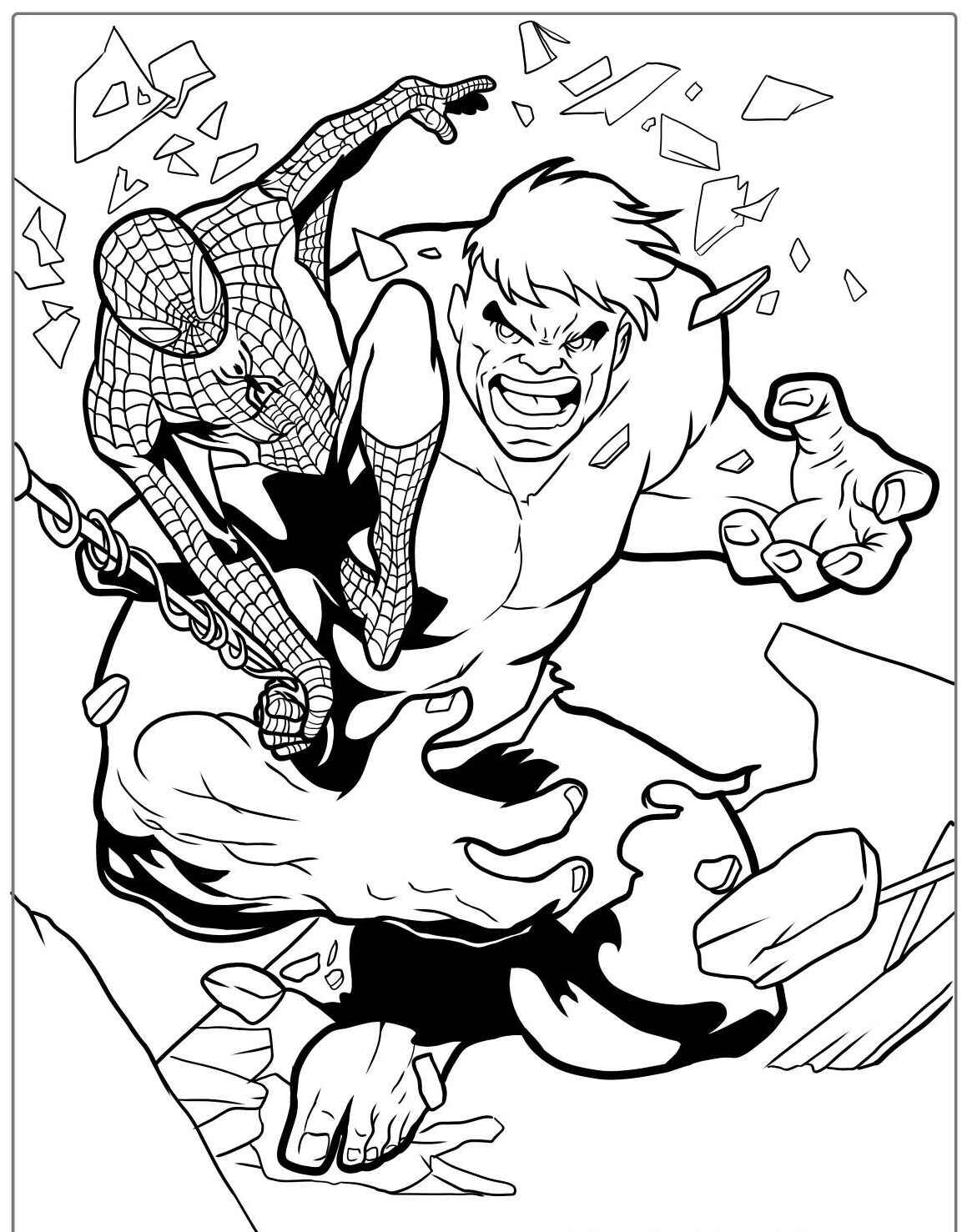 Desenho do Homem Aranha e Hulk lutando para imprimir e colorir