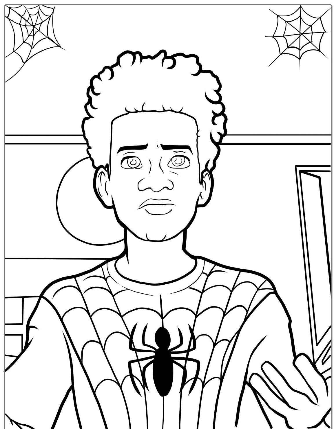 Desenho do Miles Morales com traje de Homem Aranha para colorir