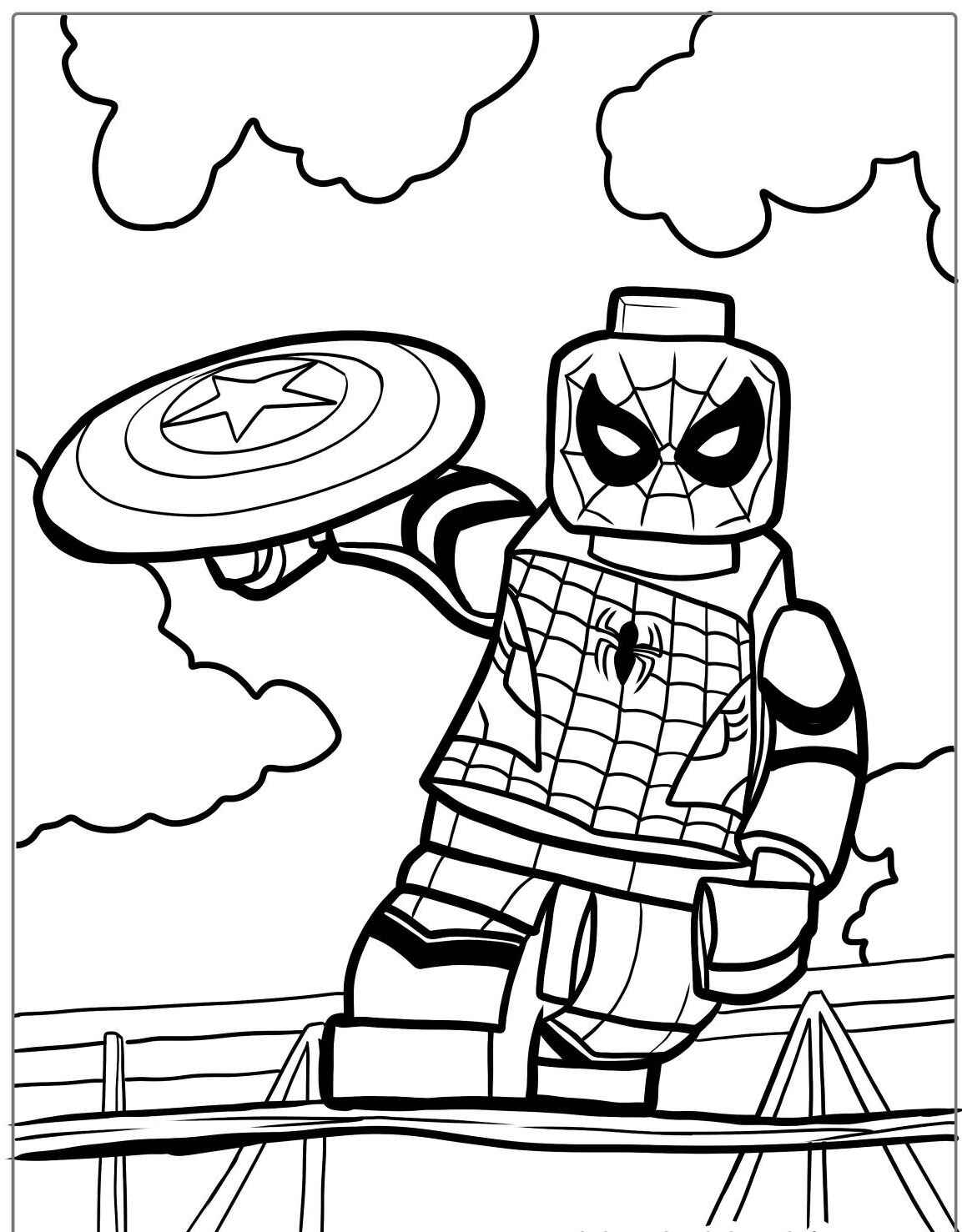 Desenho do Homem Aranha de Lego segurando escudo para colorir