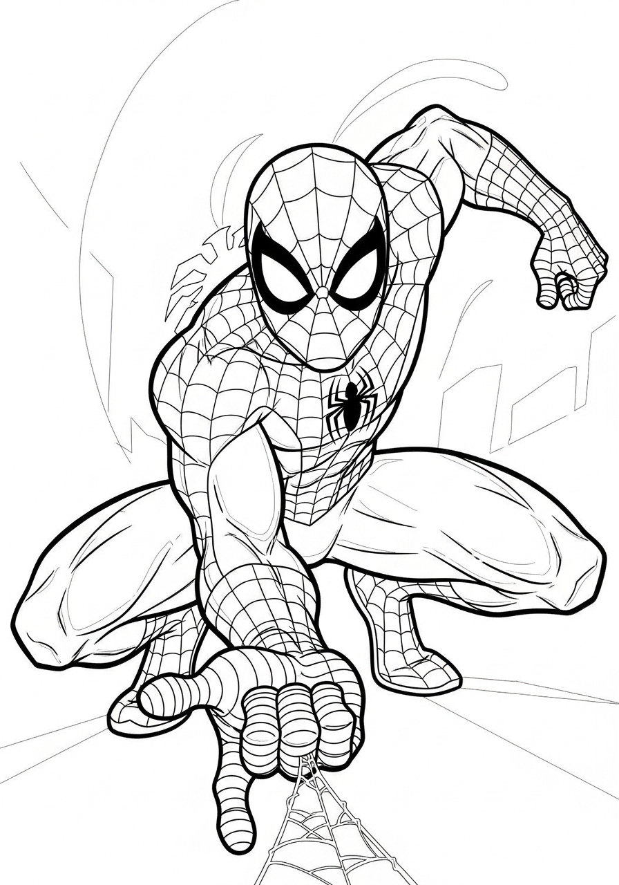 Desenho do Homem Aranha em pose de ataque para imprimir e colorir