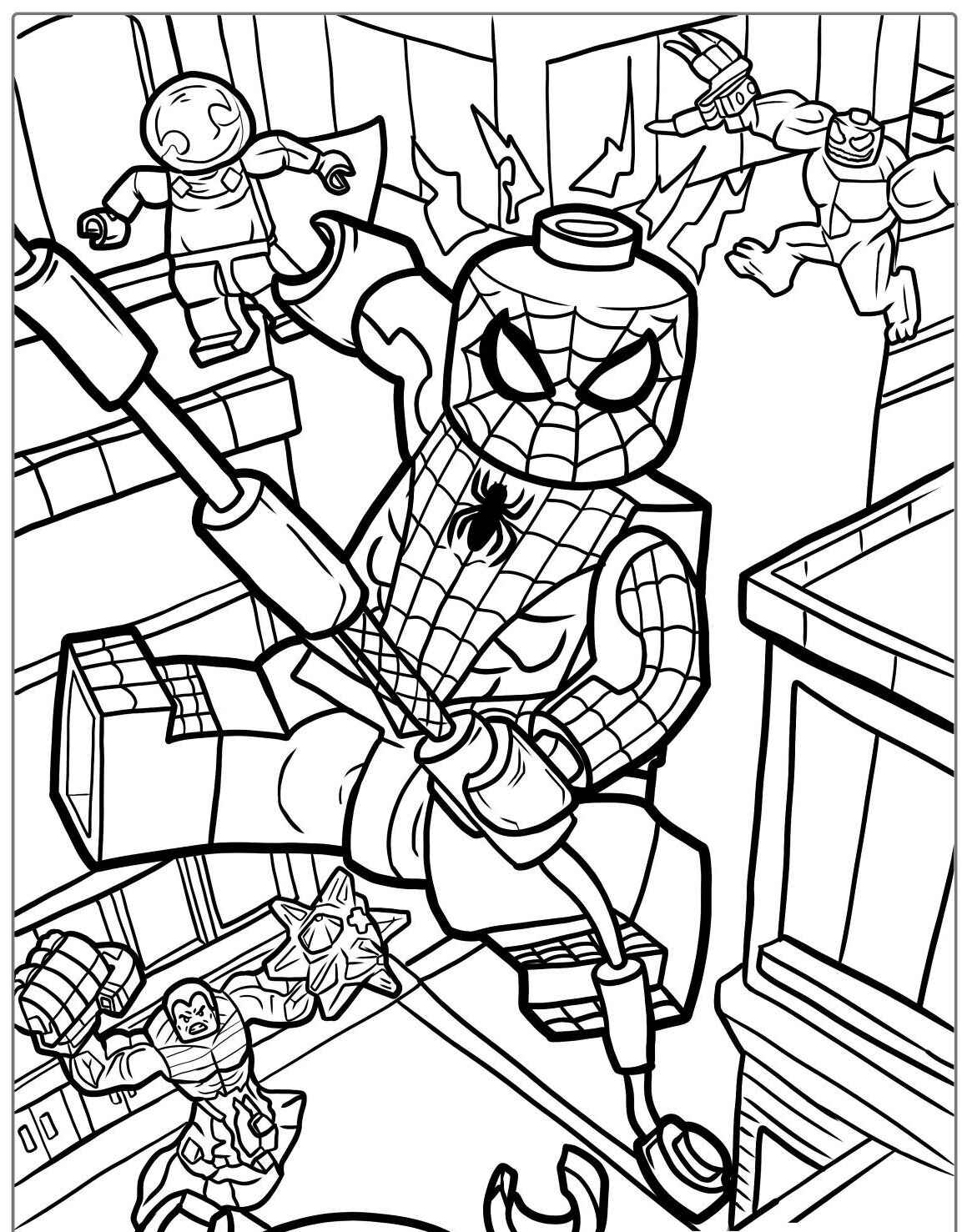 Desenho do Homem Aranha estilo Lego pulando por prédios
