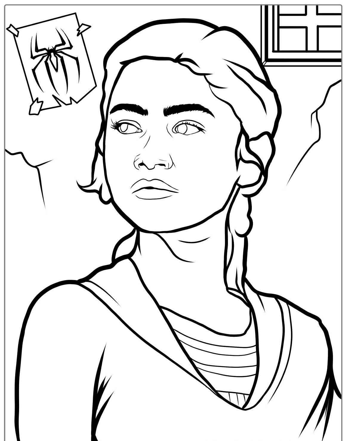 Desenho de personagem feminino com fundo do Homem Aranha para colorir