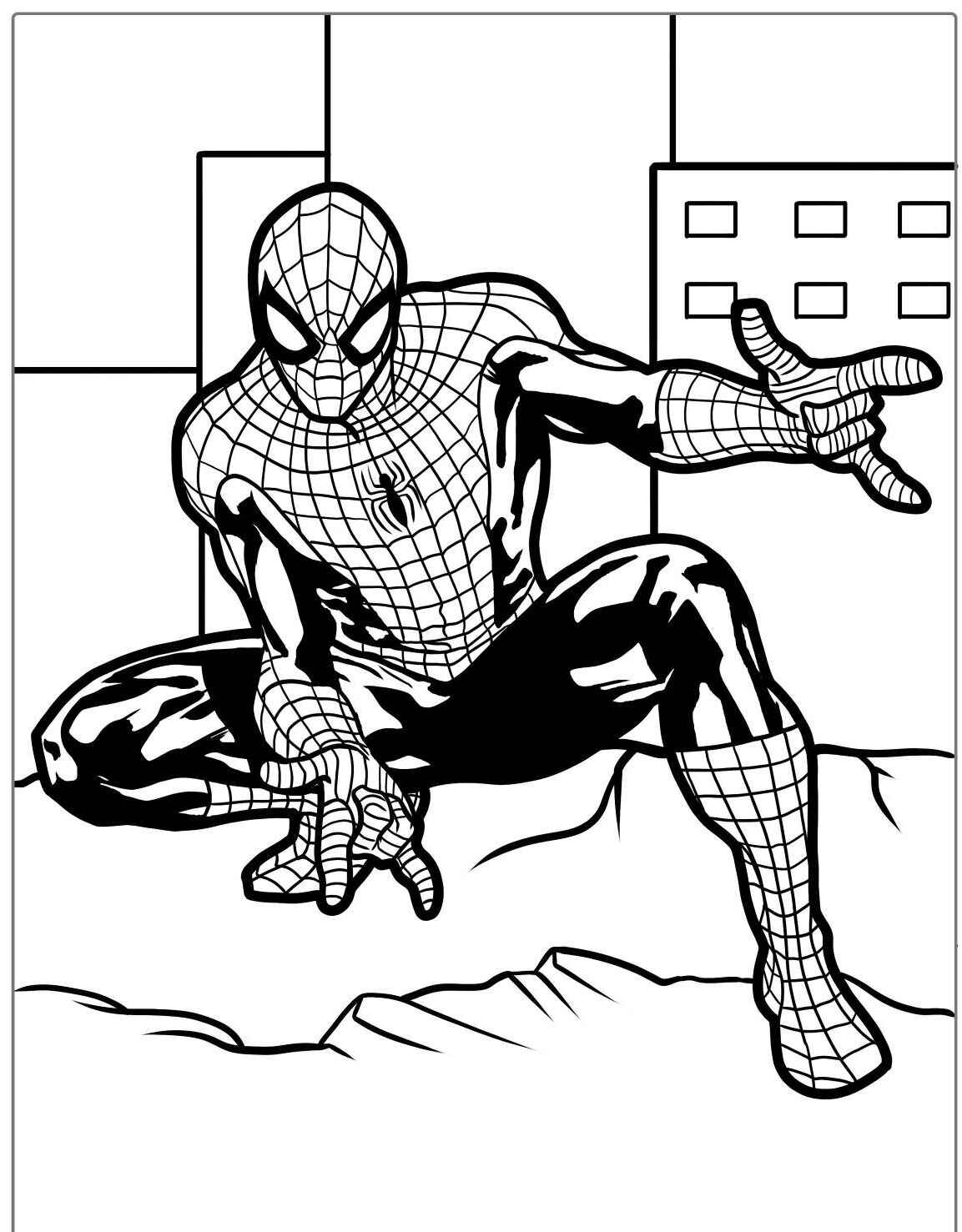Desenho do Homem Aranha se preparando para lançar teias para colorir