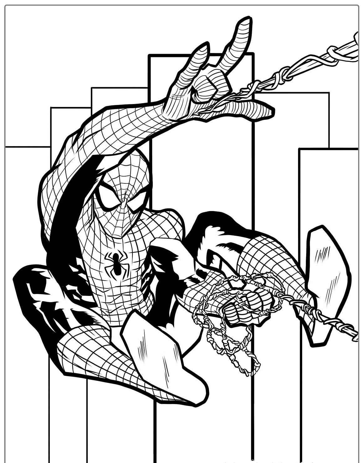 Desenho do Homem Aranha balançando entre prédios para colorir
