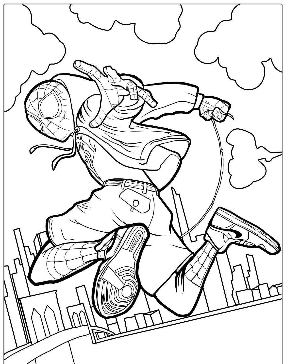 Desenho do Homem Aranha saltando em cidade para imprimir e colorir