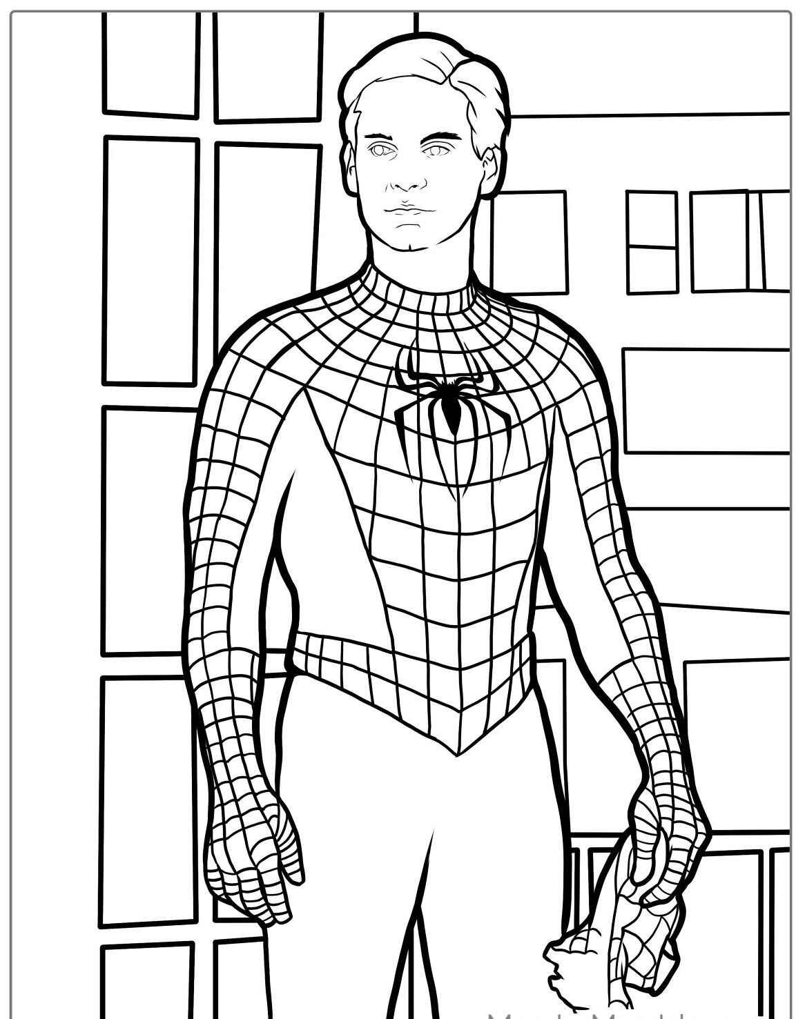 Desenho do Homem Aranha em pé segurando uma máscara para colorir