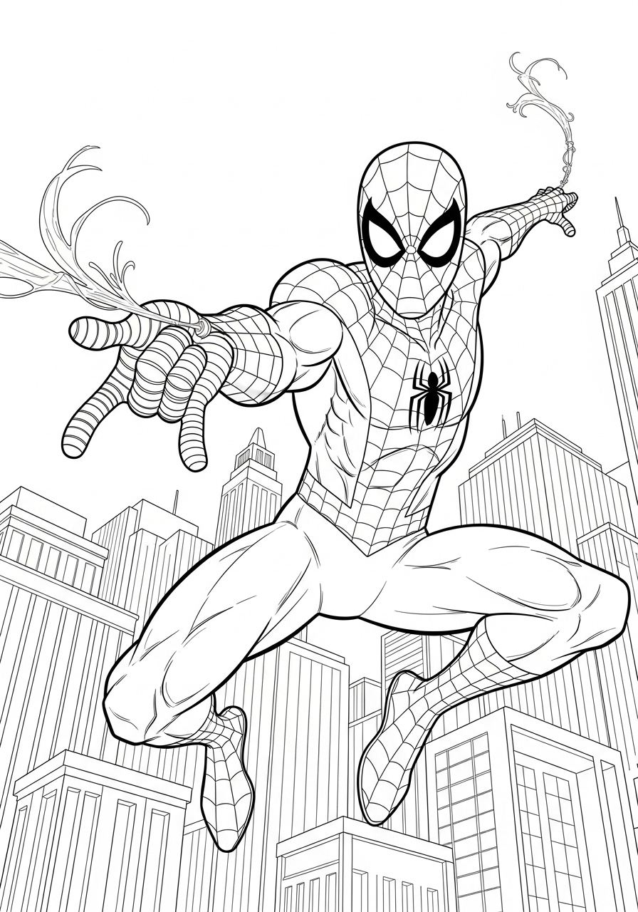 Desenho do Homem Aranha lançando teia entre prédios para imprimir